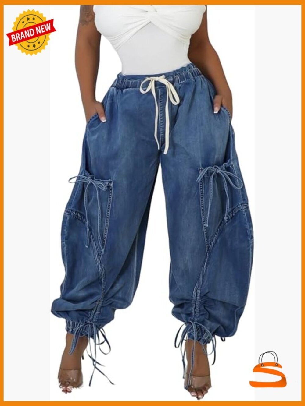 High Waist Baggy Barrel Cargo Jeans Drawstring Joggers